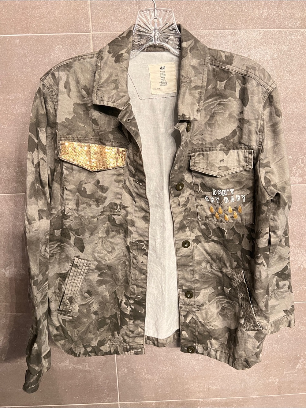 H&M Gray Floral Camouflage Jacket with Gold Sequin Pocket